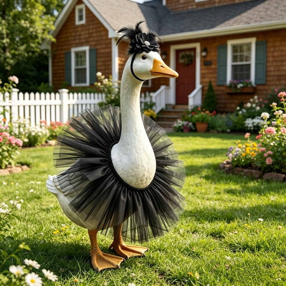 23 Inch Porch Goose Puffy Skirt Set in Black, Mesh Tutu Costume with Headwear for Lawn Goose Statue, Halloween Garden Decor Outfit for Outdoor Yard Display