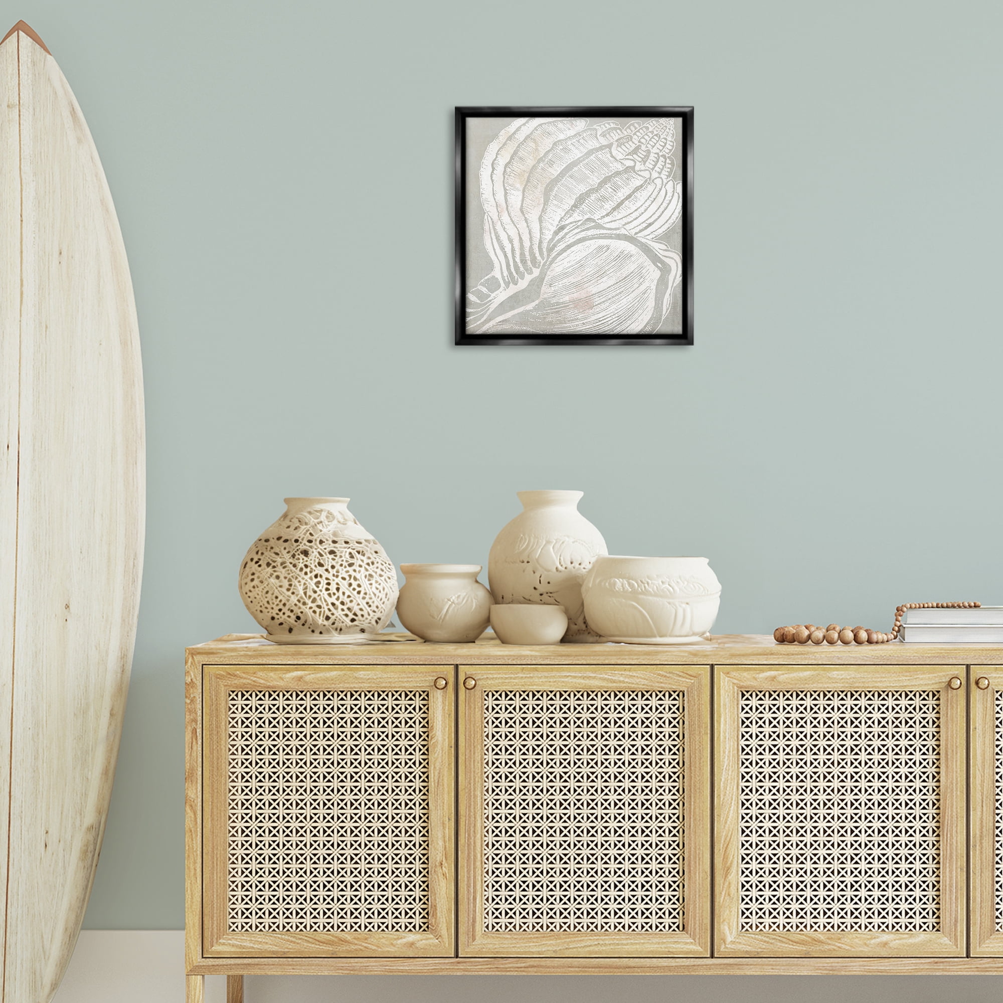 Stupell Industries Beige Conch Pattern Nautical & Beach Painting Black Floater Framed Canvas Art Print Wall Art, 18 x 18