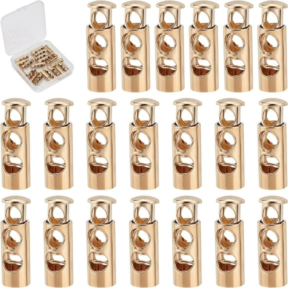 1 Box 20Pcs Metal Toggle Spring Stopper Cord Locks Double Hole Loaded Stop End Sliding Cord Spring Fastener Locks Buttons for Drawstrings Shoestrings Sweatpants Backpacks Golden DIY