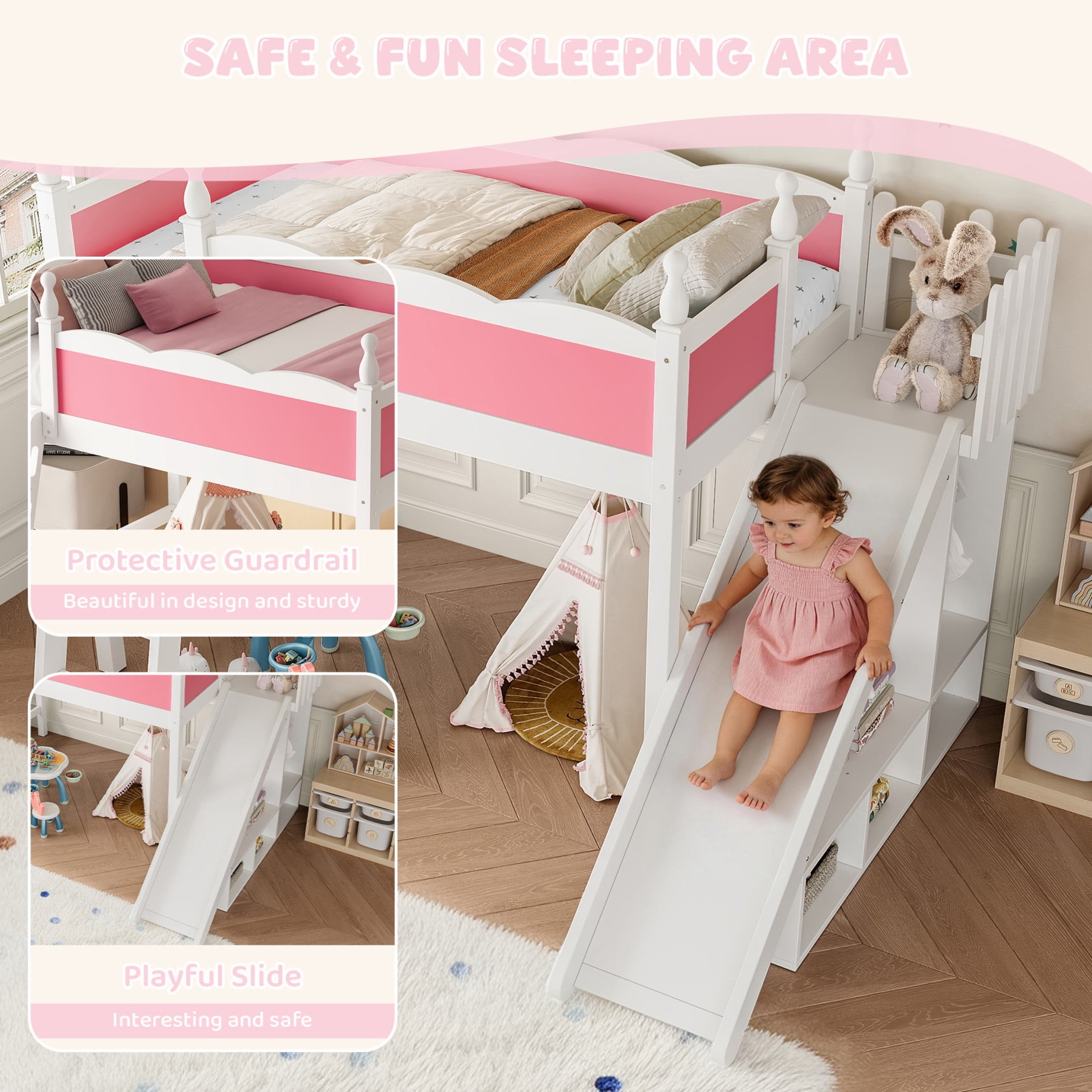 Noble House Full Loft Bed with Storage Shelves, Detachable Slide and Ladder, White + Pink