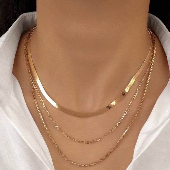 14K Gold Plated Layered Necklace Set for Women, 3-Piece Herringbone & Figaro Chain Choker Stack, Hypoallergenic Dainty Gold Jewelry