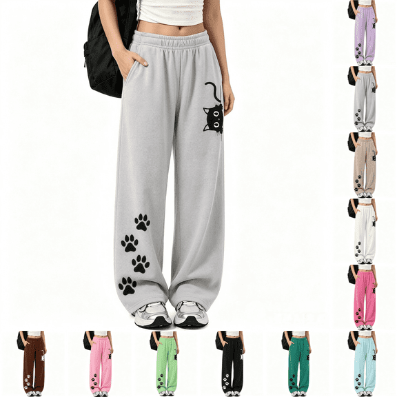 Asgosdo Girls Teen Sweatpants Elastic Waisted Cute Print Wide Leg Baggy Pants with Side Pockets Soft Child School Pants Size 5-14Y