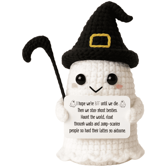 Halloween Ghost Plush Doll, Cute Soft Knitted Stuffed Animal for Desk Decor, Emotional Support Ornament for Trick or Treat Gift