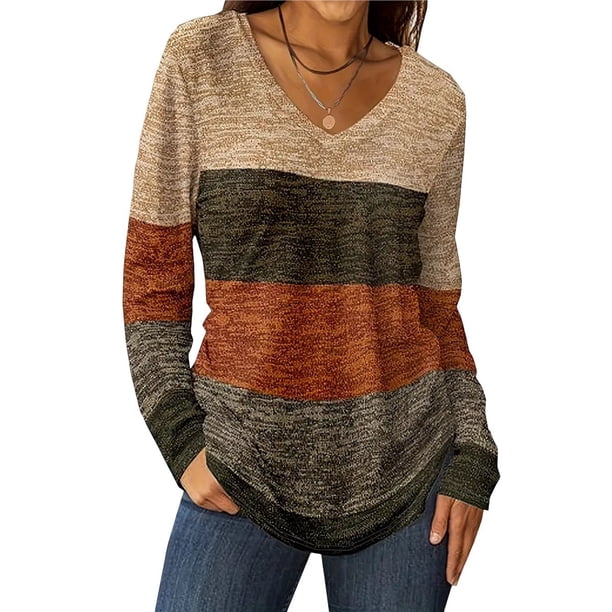 Camiseta de Larga con Cuello en V y Bloques de Color para Mujer Estilo Casual y Holgado, Ideal para y Otoño Caqui XL