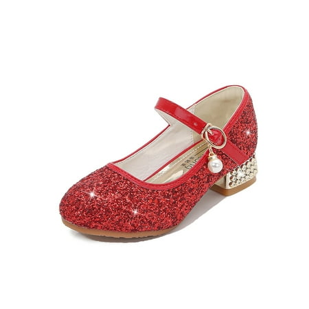 

Eloshman Girls Comfort Round Toe Leather Shoe Party Non-slip Buckle Flats Dance Lightweight Sequin Mary Jane Shoe Red 5.5Y