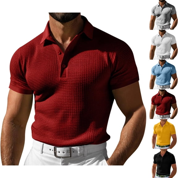 SGFCWSX Mens Polo Shirts Textured Knit Short Sleeve Slim Fit Casual Daily Golf Shirts for Men Red Size L