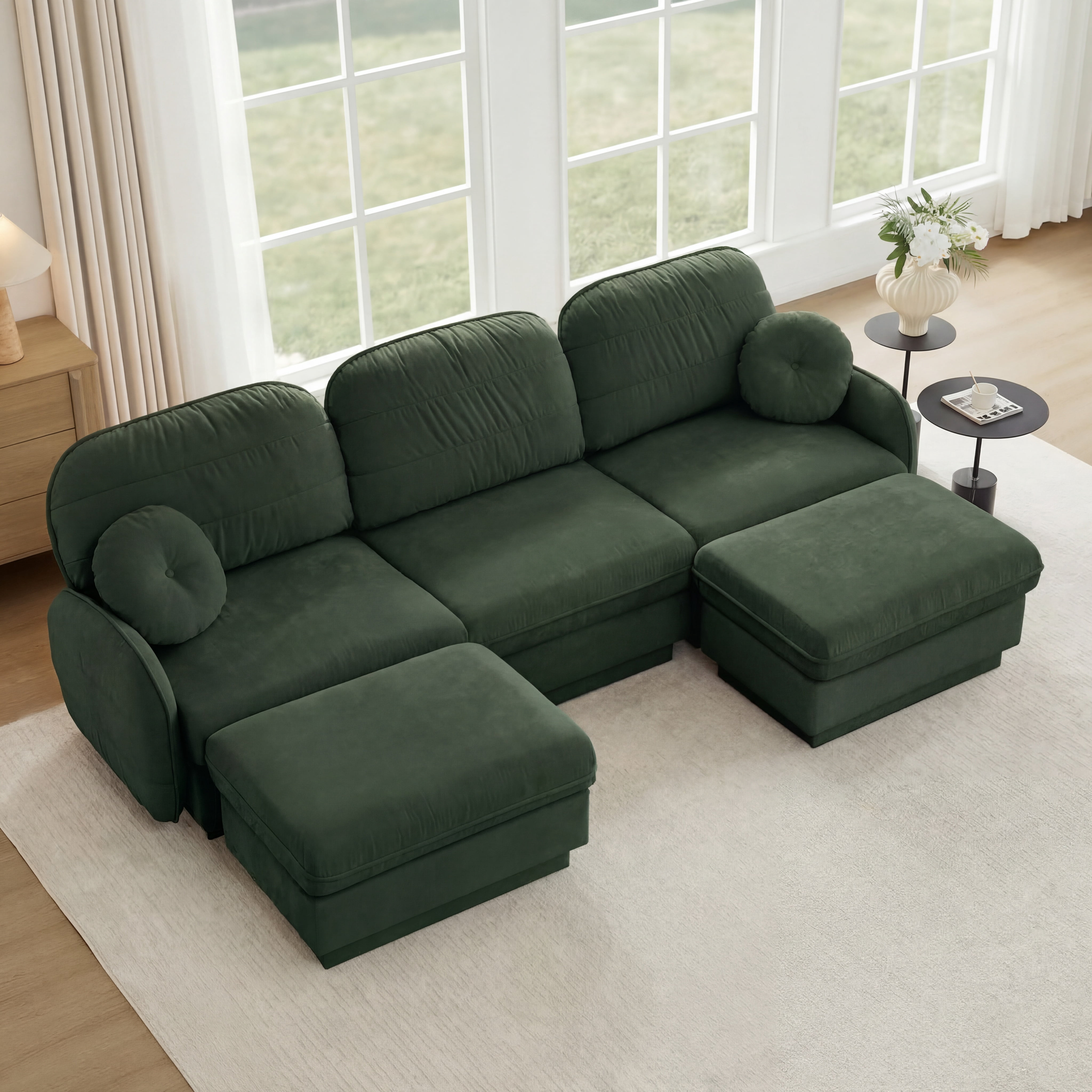 Mintazer 105" Chenille Cloud 3-Seater Modular Sectional Sofa with 2 Movable Ottoman & Round Pillows, U-Shaped Ergonomic Sofa Couch for Living Room, Apartment, Green