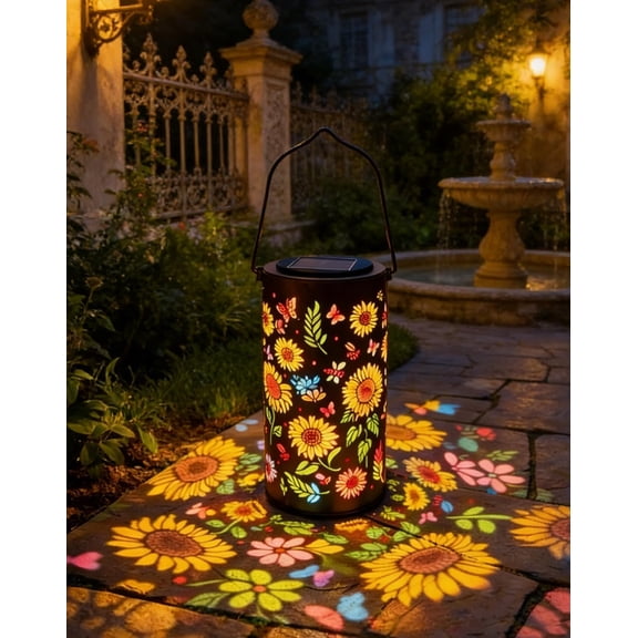 Rirool Colorful Sunflower Solar Garden Lantern, Waterproof Solar Powered Outdoor Hanging Light with Floral Projection, LED Decorative Lantern for Patio, Yard, Walkway, Lawn, Porch and Garden Decor