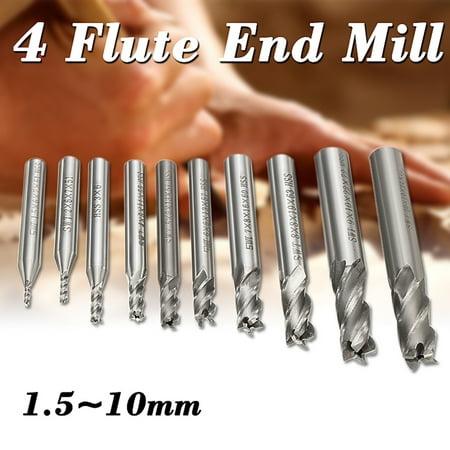 10 Pcs HSS Carbide 4 Flute End Mill Drill Bit Set Attachment Kit CNC Milling Cutter 1.5-10mm with Boxes For Die Block Steel, Wrought Iron, Carbon Steel,General Iron