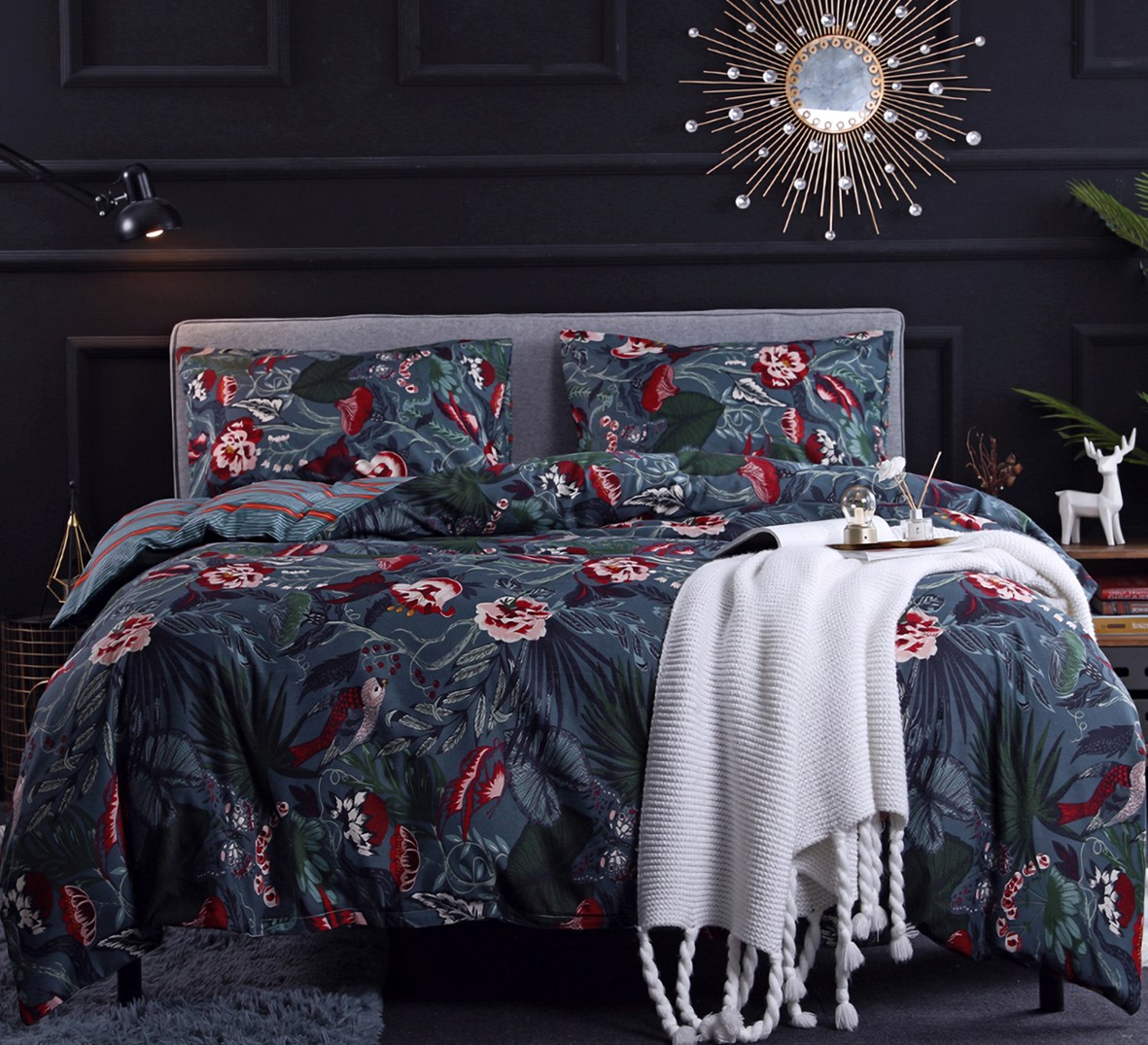 Dark Blue Floral Bird Leaves Pattern Printed Horizontal Stripes Pattern