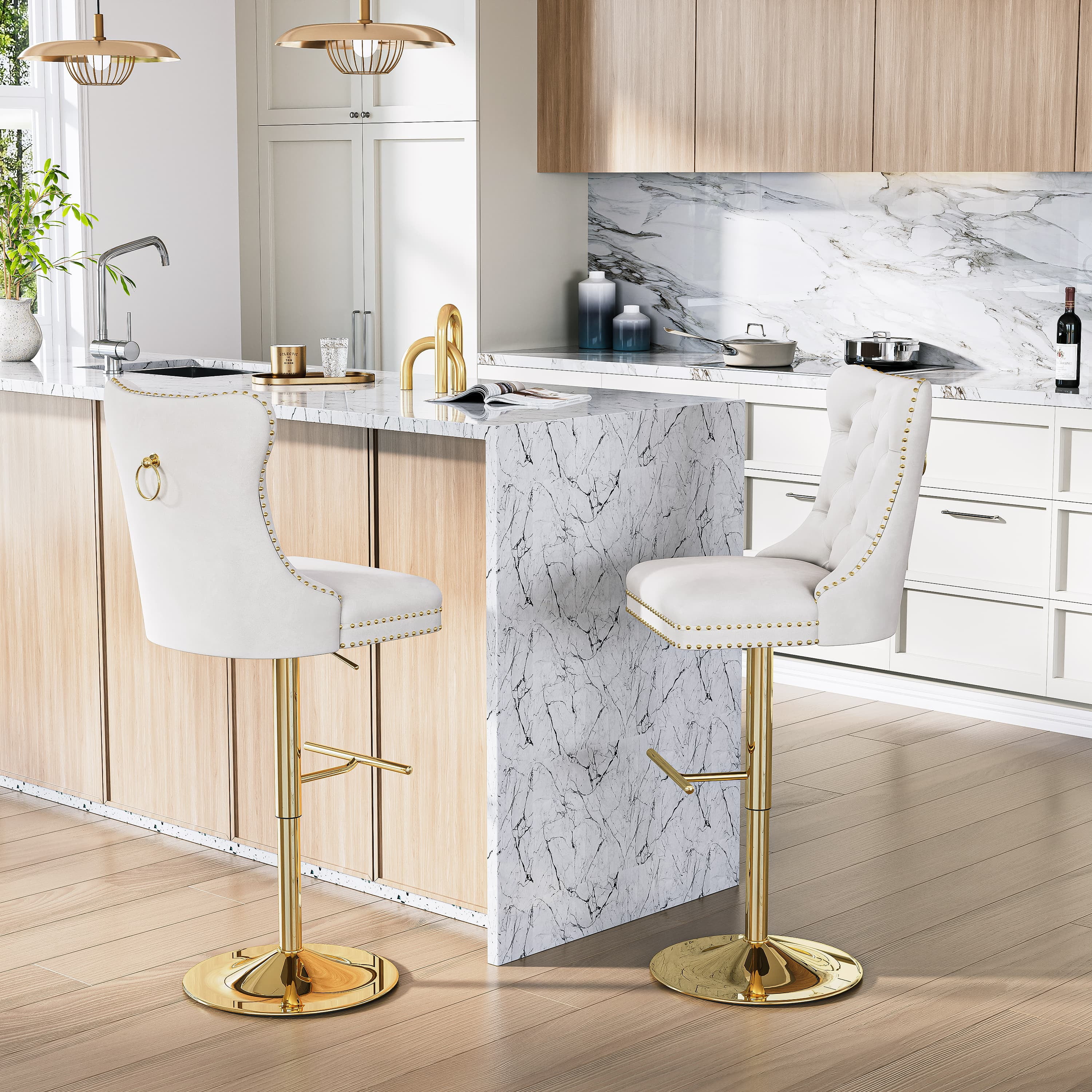 Modern Velvet Bar Stools Set of 4 Adjustable Swivel Counter Height Chairs with Upholstered Back and Nailhead Trim for Home Pub Kitchen Island