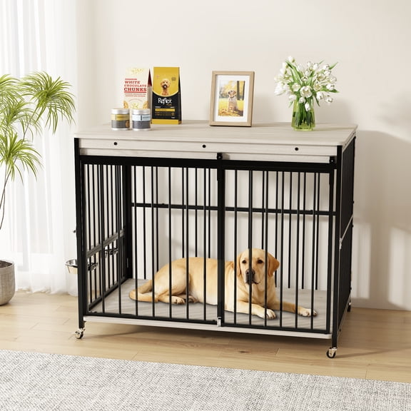 Diddaport 41 inch Dog Crate Furniture, Heavy Duty Wood Kennel with Wheels & Multi-Side Openings, Double Doors Diddaport Wooden Dog Cage End Table, Multiple Locks for Indoor