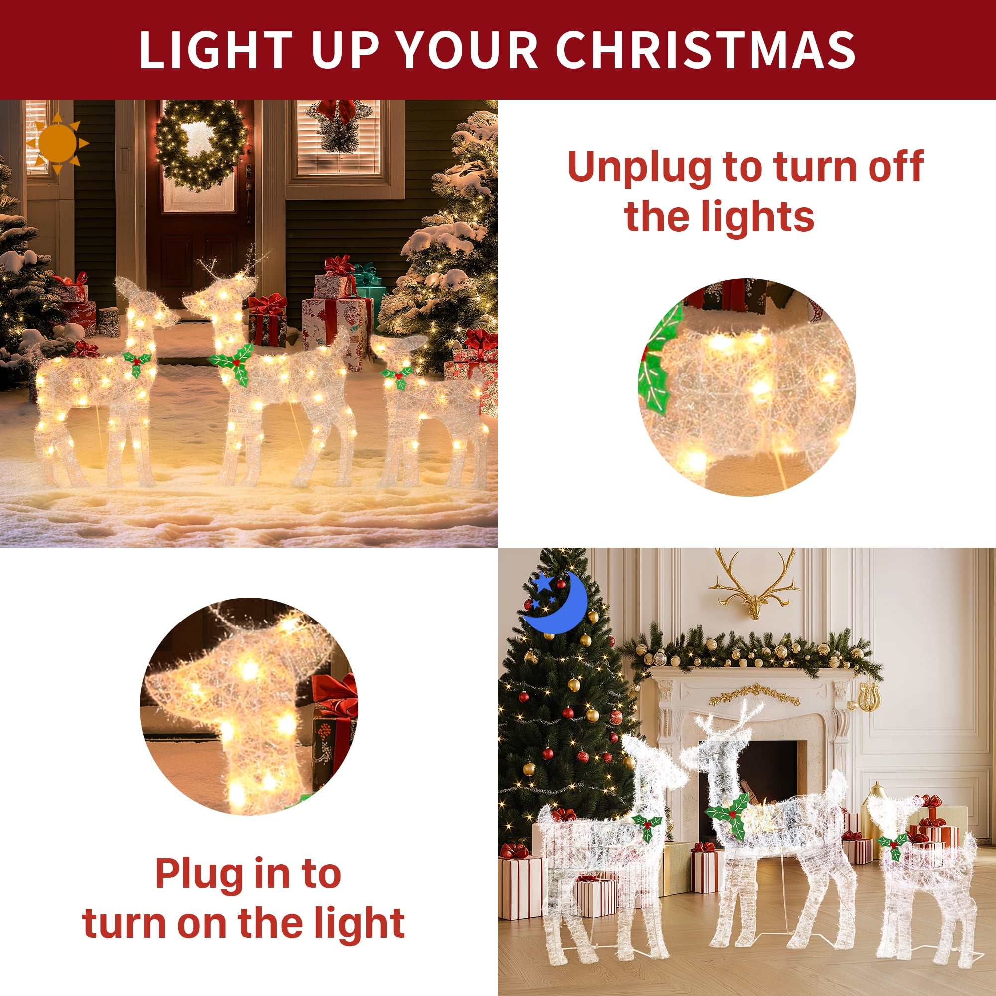 KUETH 3-Piece Outdoor XMAS Decor: 3D Pre Lit Deer Family