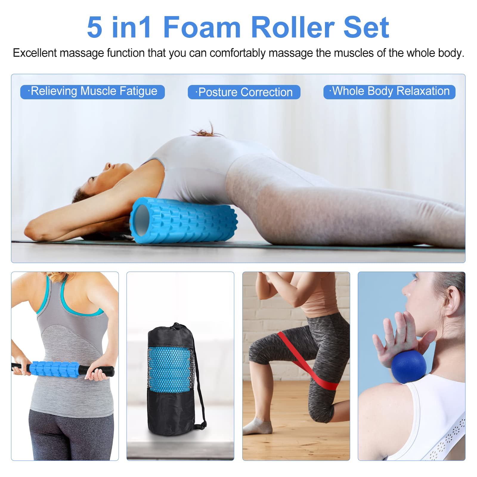 5 In 1 Foam Roller Set Includes Hollow Core Massage  Yoga Stick Ball Fitness Stretching Strap Carrying Bag Towel (blue)