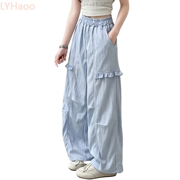 LYHaoo Girls Lightweight Summer Pants Breathable Casual Trousers For Outdoor Play Youth Bottom Girls Long Pants(Blue)