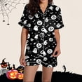 thumbnail image 5 of Trendfront Womens Relaxed 2 Piece Halloween Pajama Set Notched Collar Button Front Short Sleeve Top Elastic Waist Shorts Ghost Print Sleepwear for Women, 5 of 7