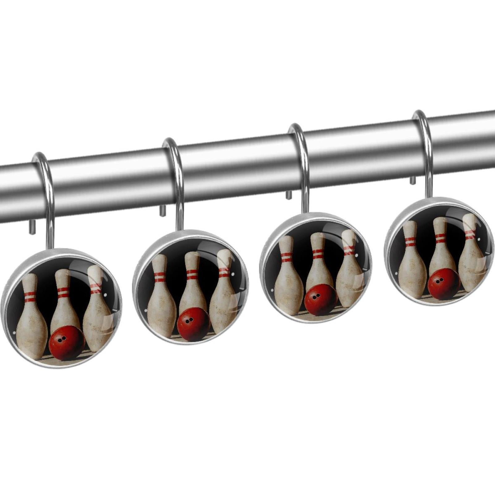 Bowling Pins and Red Ball Shower Curtain Hooks Round Crystal Glass, Set of 12 Shower Curtain Rings - Shower Hooks for Curtain Shower Rings