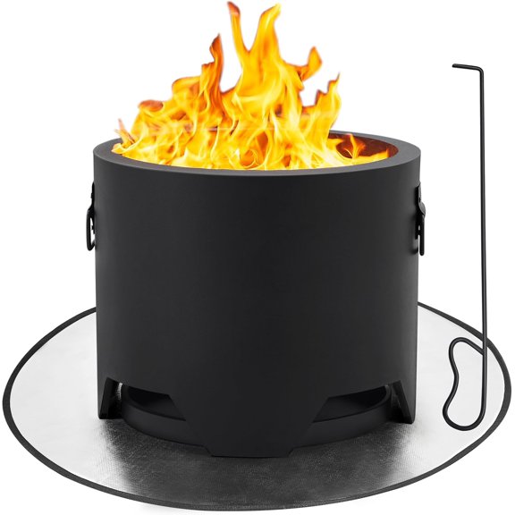 PRZL Smokeless Fire Pit for Outdoor Garden Patio Camping W/Silicone Fire Pit Mat & Fire Poker & Rain Cover & Lid & Log Grate, 16in
