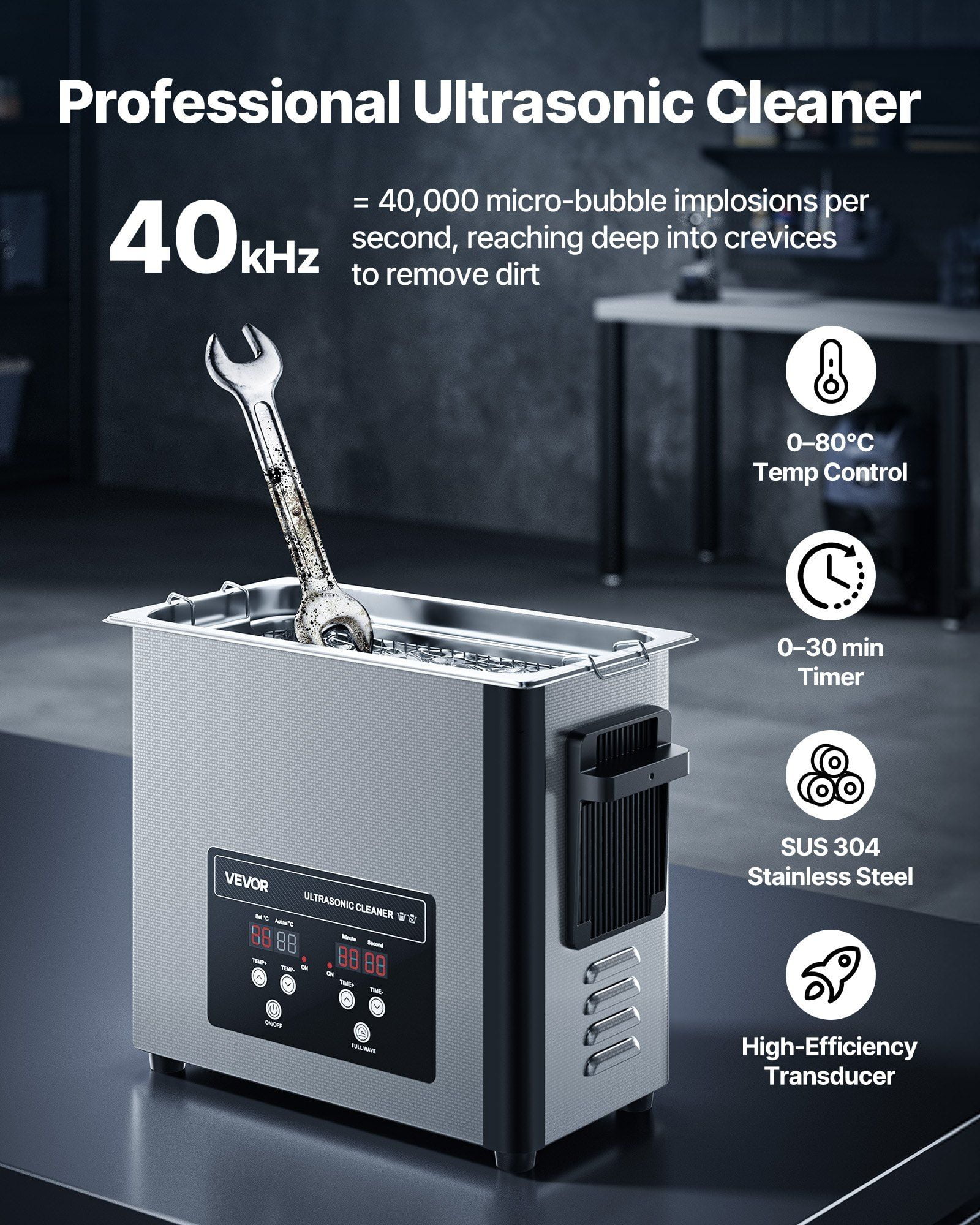 6L Professional Ultrasonic Cleaner Machine 120W Stainless Steel 40kHz with Digital Display and Cleaning Basket for Watches Jewelry Razors Coins
