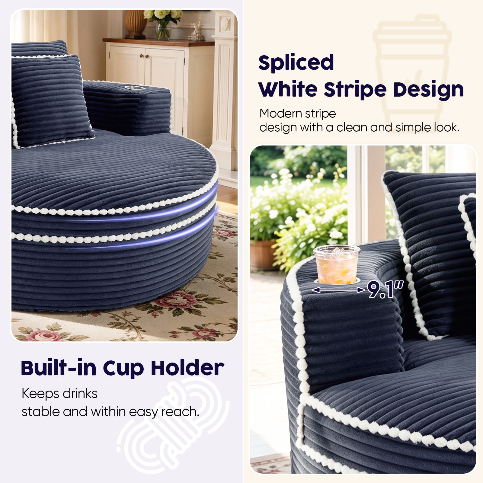 Lunale 54" Oversized Chaise Lounge Chair Indoor, Round Boneless Cloud Couch, No Assembly Required, Accent Reading Chair for Living Room, Blue Corduroy