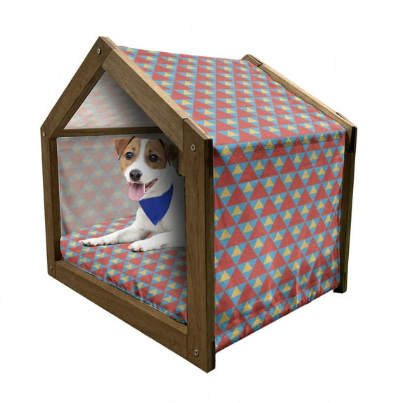 Retro Pet House, Big and Small Triangles in Shabby Colors Vintage Geometric Tile Design, Outdoor & Indoor Portable Dog Kennel with Pillow and Cover, 5 Sizes, Sky Blue Marigold, by Ambesonne