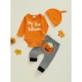 thumbnail image 2 of Suealasg 3Pcs Newborn Baby Boys Halloween Outfits Clothes Set 3 6 12 18 Months Infant Boys Crew Neck Long Sleeve Letter Print Romper Pumpkin Print Pants Hat Set, 2 of 8