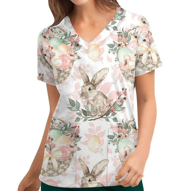 EGNMCR Easter Bunny Imprimé d'Oeufs Sarraus pour Femmes Uniforme d'Infirmière Ensemble Jogger Hauts Extensibles Multi-Poches Manches Courtes Col en V T-Shirts Chemises pour Femmes T-Shirts Graphiques Cadeaux de la Fête des Mères pour Maman