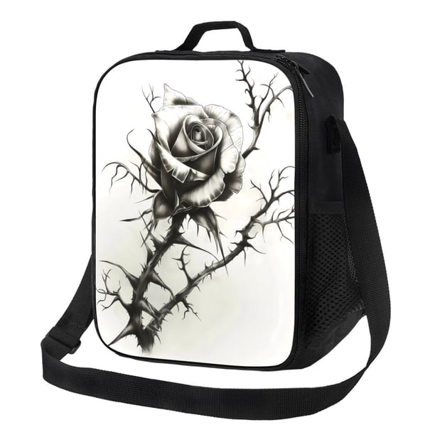 Disketp Black And White Rose Bolsa Térmica Estampada para Almuerzo, Lonchera para Hombres y Mujeres Adultos