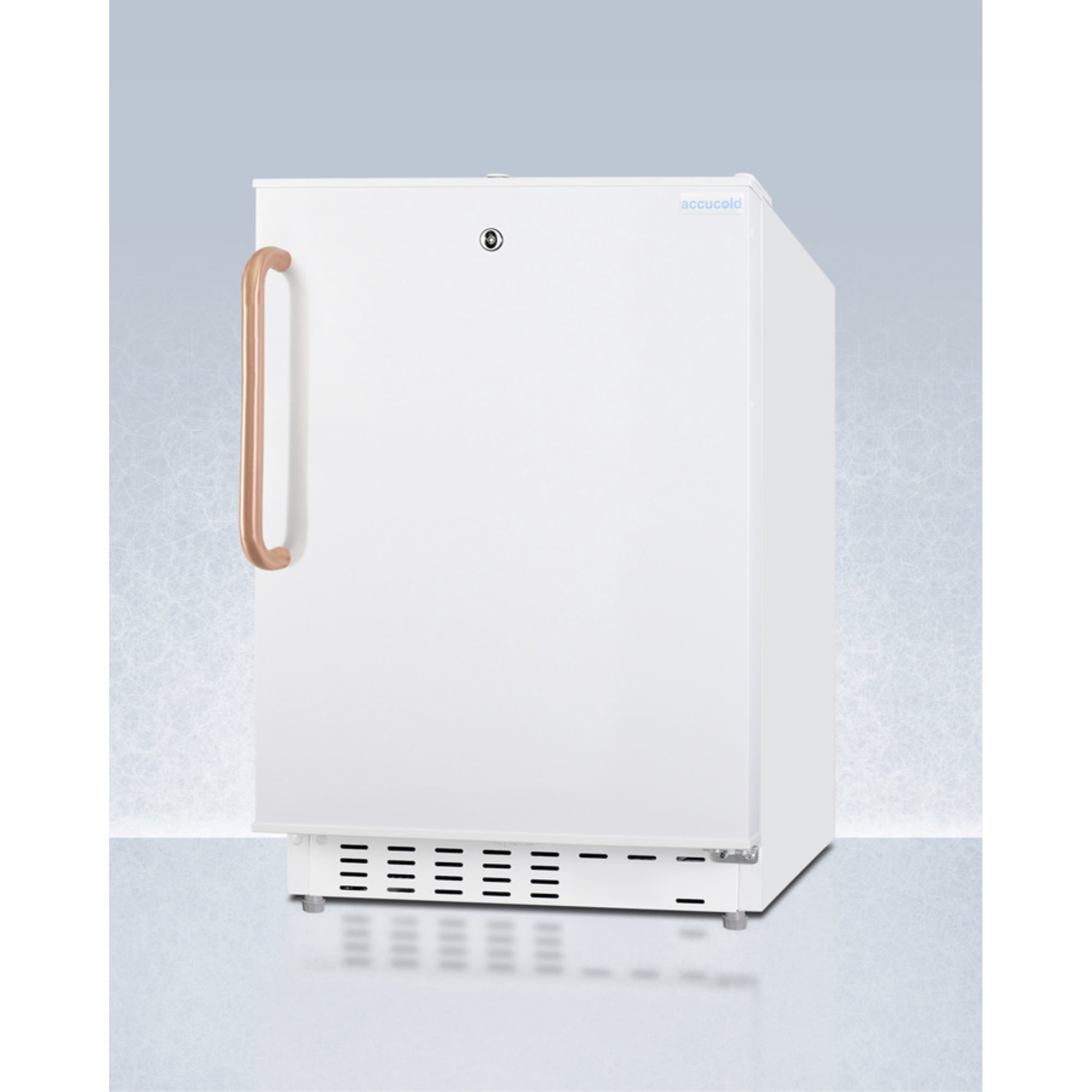 20" wide built-in undercounter ADA compliant refrigerator-freezer with a front lock and copper handle