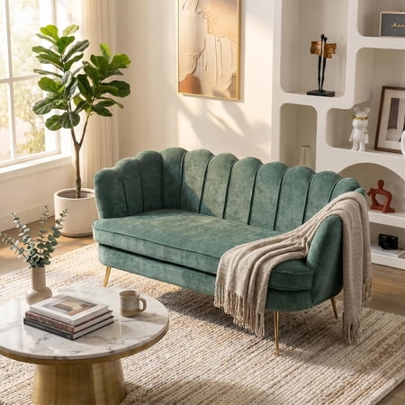 Modern Chenille Loveseat Couch Futon Small Sofa with Gold Metal Legs 2-Seater Upholstered Mini Sofa Couches for Small Space Living Room Bedroom Office Dorm Studio Apartment Love Seat Couche (Green)