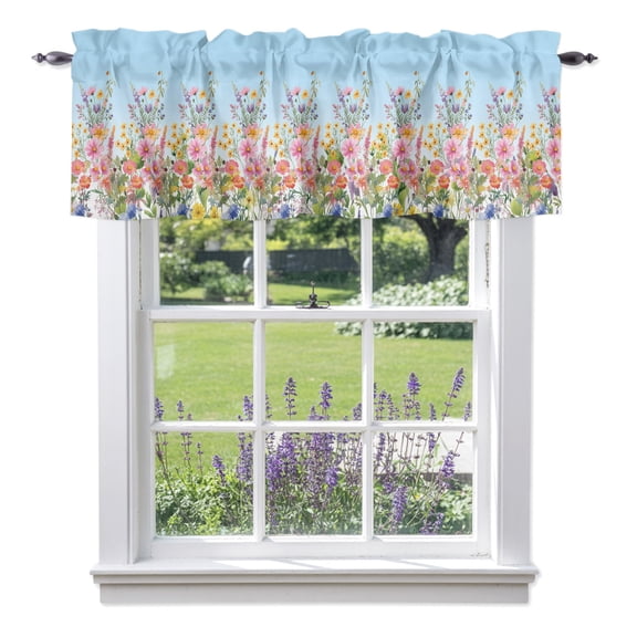 Spring Florals Valances for Windows, Country Colorful Wildflowers Field Blue Ombre Valance Window Treatment Rod Pocket Short Curtains Valances for Kitchen Bathroom 42"W x 18"L