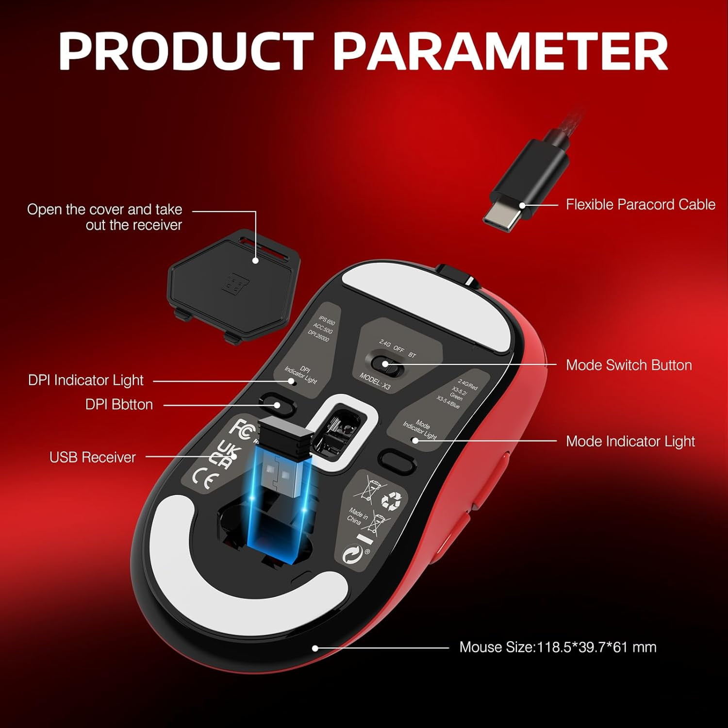 ATTACK SHARK X3 49g SUPERLIGHT Mouse, PixArt PAW3395 Gaming Sensor, BT/2.4G Wireless/Wired Gaming Mouse, 6 Adjustable DPI up to 26000, 200 Hrs Battery, G502, Office Mice for Win11/Xbox/PS/Mac (Red)