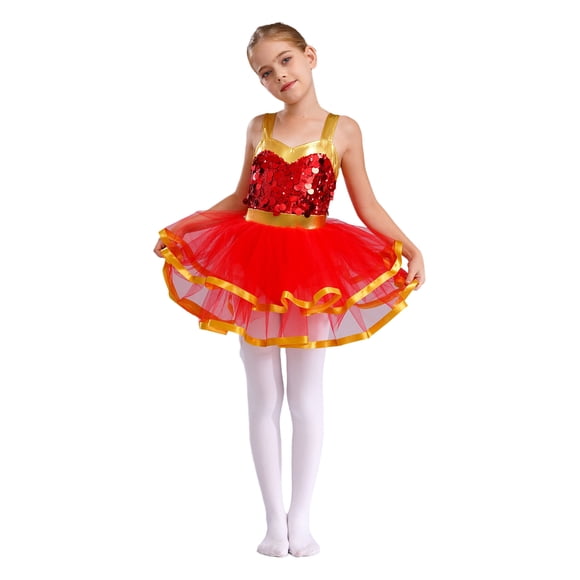 Hansber Kids Girls Dance Tutu Dress Sequins Jazz Party Dance Dress Stage Performance Costume Red 10