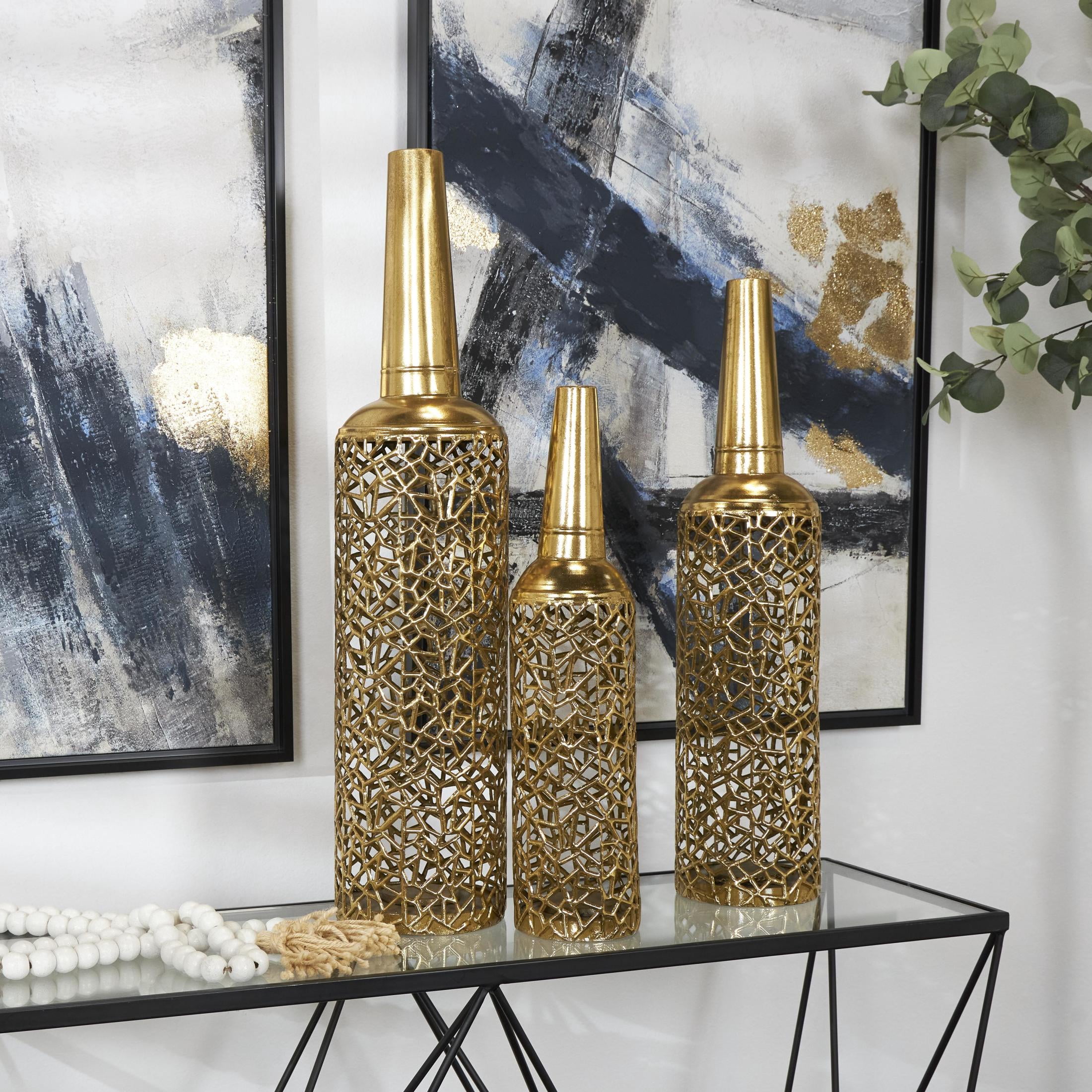 DecMode 30, 25, 21"H Geometric Tall Slim Floor Gold Metal Vase with Open Frame Design, Set of 3