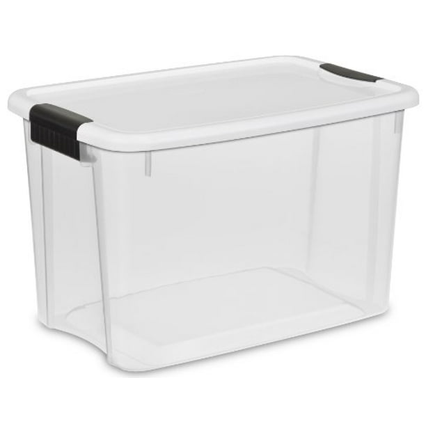 Sterilite 19859806 30 Quart/28 Liter Ultra Latch Box, Clear with a White  Lid and Black Latches, 6-Pack