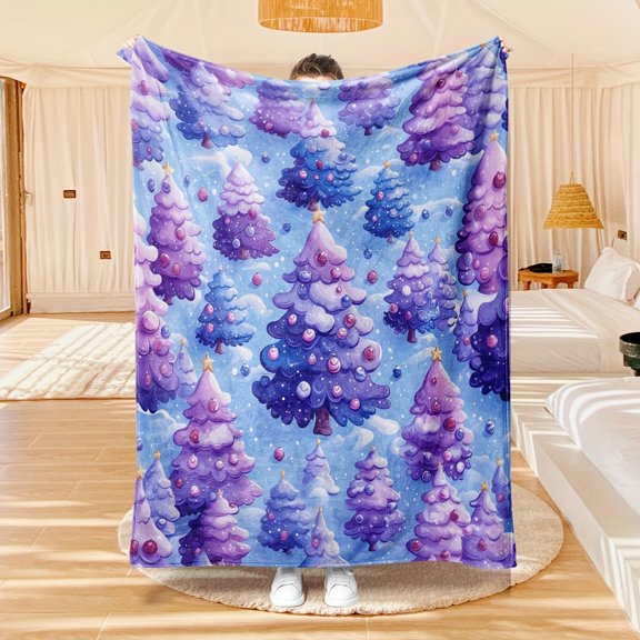 Christmas Tree Flannel Throw Blanket Contemporary Digital Print Plush Blanket for Teens & Adults All Seasons Soft Cozy Bed Sofa & Couch Cover Festive Purple Snowflake Pattern Holiday Gift