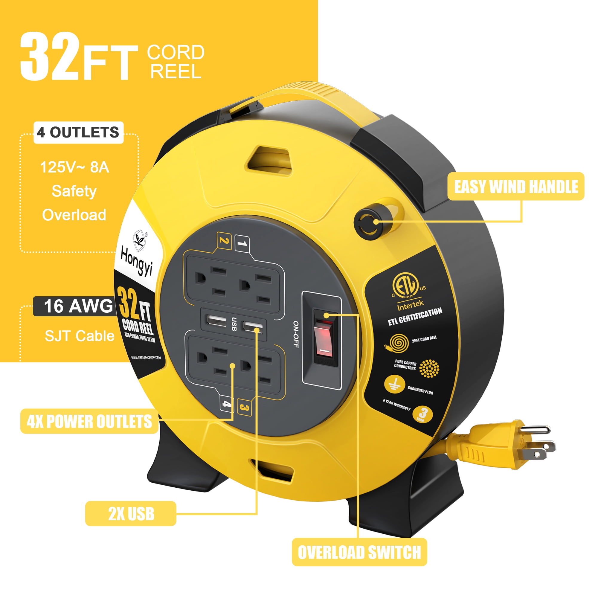 Hongyi Extension Cord Reel 32ft,16AWGX3C,SJT,4-Outlet and 2-USB Ports,Yellow