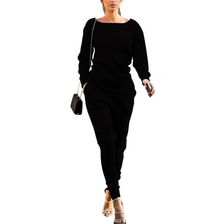 

cdar 2Pcs Women Autumn Solid Color Ribbed O Neck Top Drawstring Pants Sport Tracksuit Tracksuit