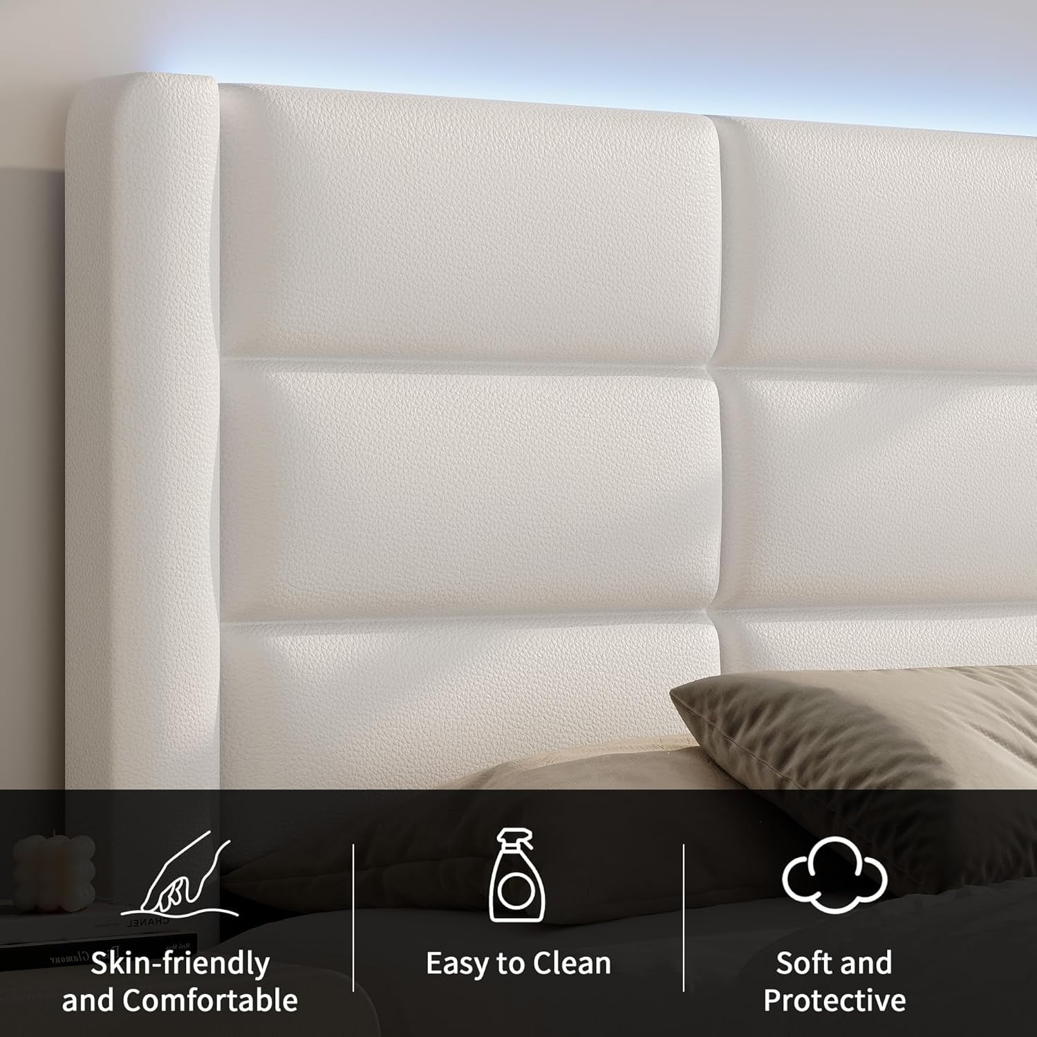 4 EVER WINNER Full Bed Frame with LED Light, Modern Upholstered Platform Bed Frame Headboard and Footboard, White Full Size Bed Frame, White