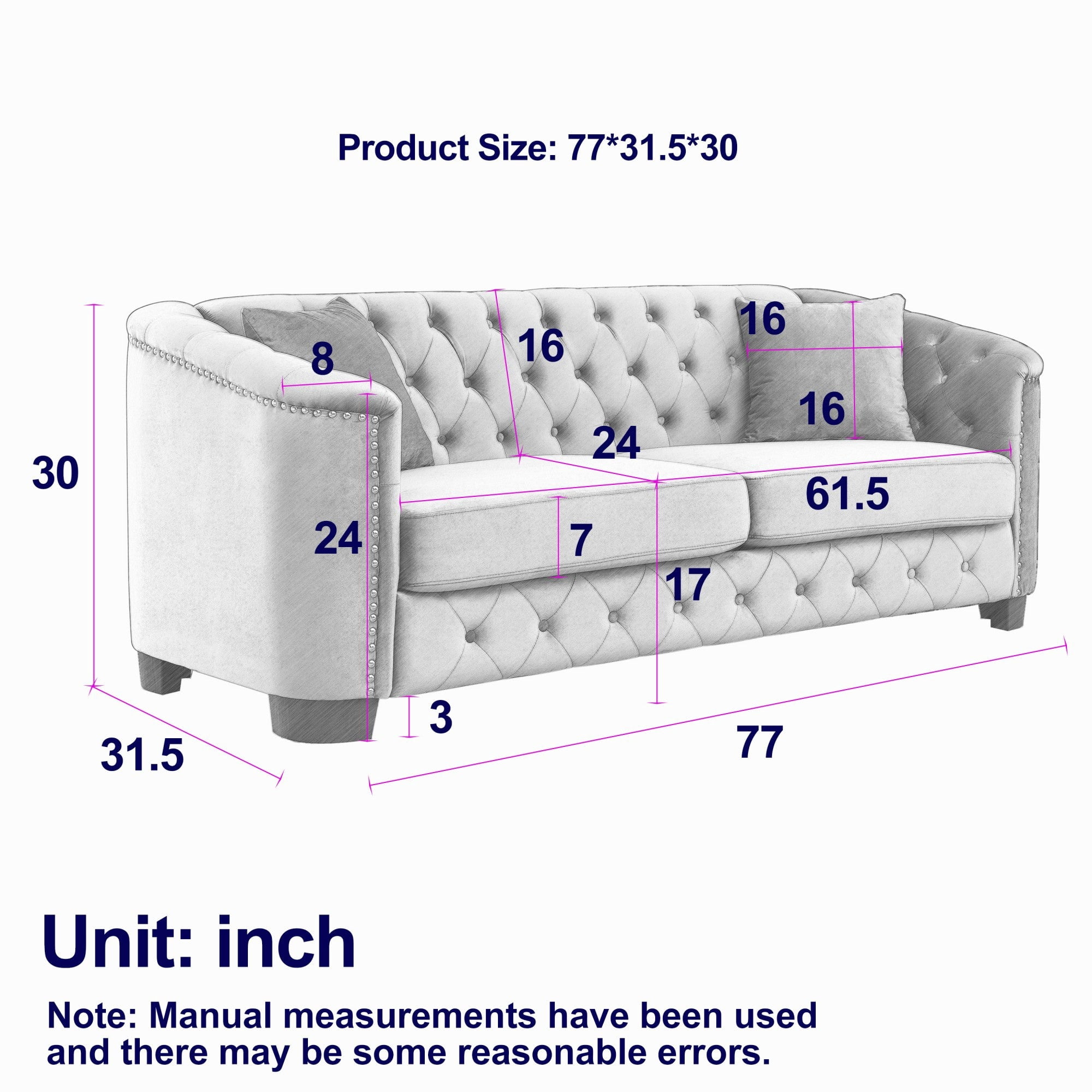 Sailvan 77" Modern Chesterfield Velvet Sofa, 3-Seater Tufted Upholstered Couch with Nailhead Trim & 2 Pillows for Living Room, Office Black