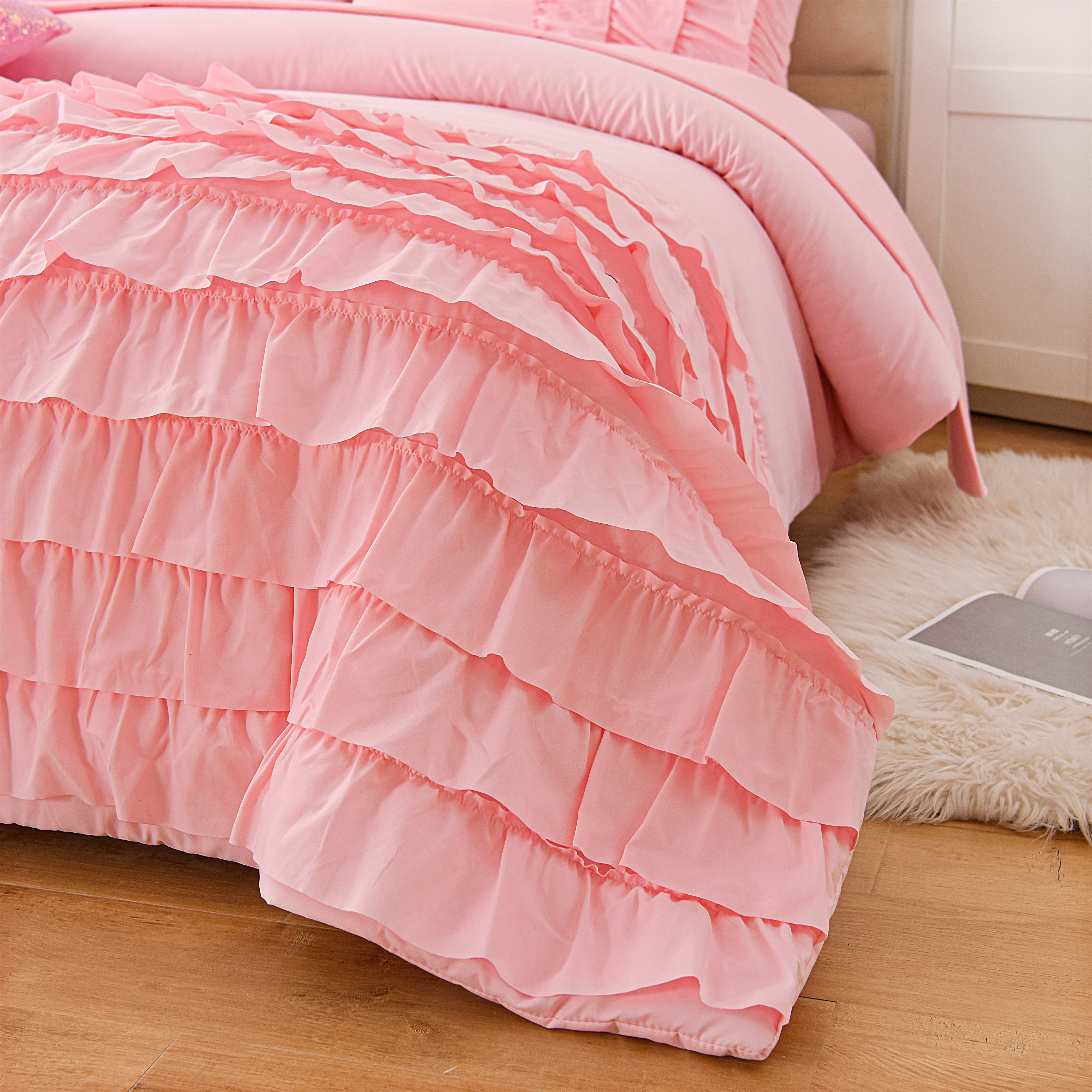 Btargot 6Pcs Waterfall Ruffled Princess Comforter Set Queen Soft Chic Bedding Set for Kids Girls Pink