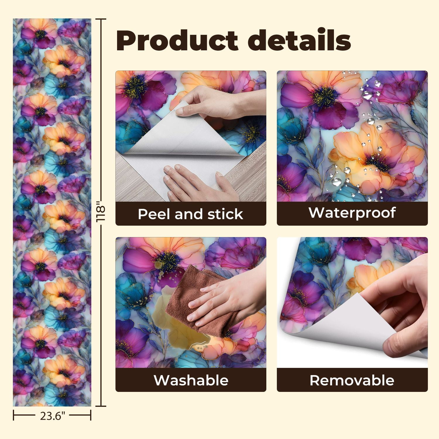 Peel and Stick Wallpaper 23.6in x 9.8ft Colorful Abstract Floral Watercolor Ink Effect Vibrant Petals Contact Paper Vinyl Self-Adhesive Removable Wall Paper for Bedroom Cabinet Renter Friendly