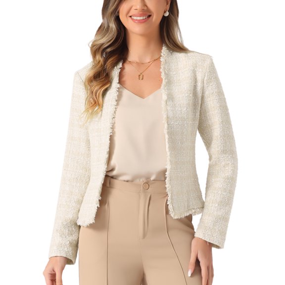 DARING DIVA Women's Plaid Tweed Long Sleeve Open Front Work Office Jacket XS Beige