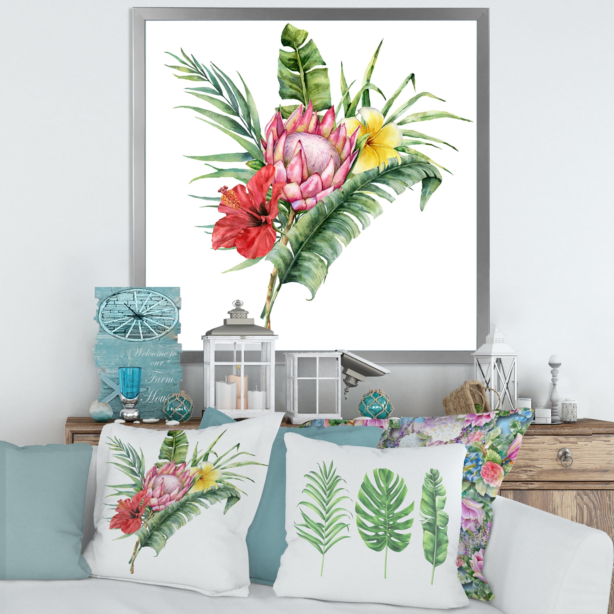 Designart 'Flowers Bouquet With Protea Plumeria Hibiscus' Traditional Framed Art Print