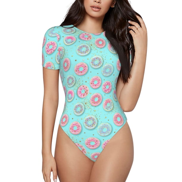 Balery Colorful Sweet Donuts Body de cuello redondo de manga corta para mujer Tops de manga corta Tops básicos-XX-Large