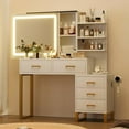 thumbnail image 6 of Vanity Desk, Makeup Vanity Desk with Mirror and LED Light-3 Lighting Modes, Charging Station, 5 Large Drawers and 3 Tiers of Open Shelves for Bedroom, 6 of 7