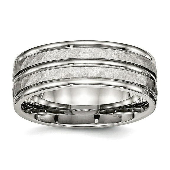 Stainless Steel Polished Hammered and Grooved 8.00mm Band Ring Size 10.5 Ring for Women and Men