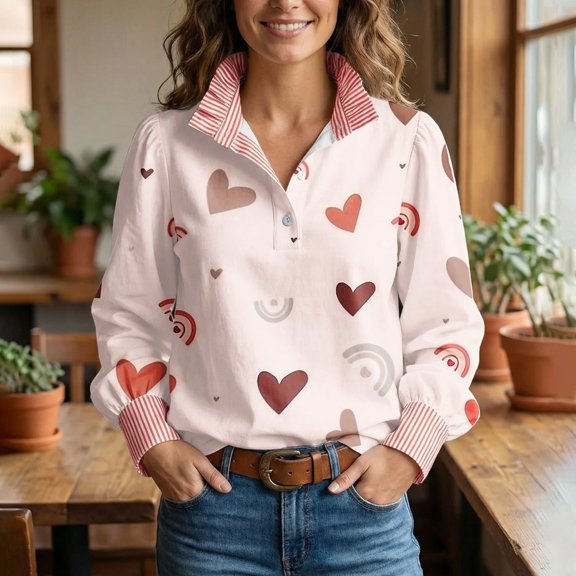 Heart Shirts for Women Button Up Valentine Long Sleeve Dressy Lapel Collared Blouses Cute Casual Outfits