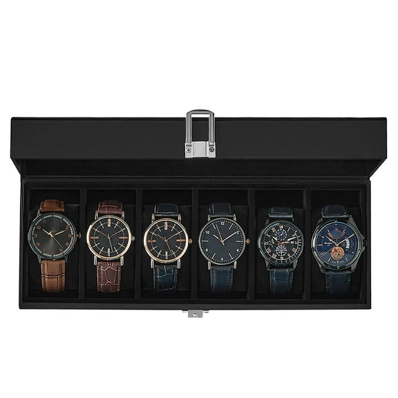 Watch Box, 12-Slot Watch Case with Large Glass Lid, Removable Watch Pillows, Watch Box Organizer, Gift for Loved Ones, Black Synthetic Leather, Gray Lining