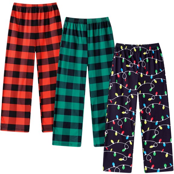Aideaone 3-Pack Boys Pajama Pants Kids Soft Sleepwear Printed Plaid Pj Bottoms with Pockets for Boys (7-14)